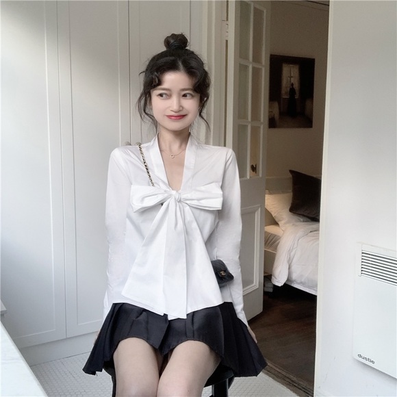 White Bow Tie Front Button Up - Picture 5 of 5